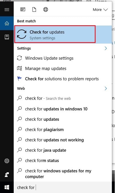 3 Check for Update in windows 10 search box