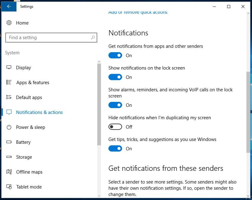 Disable notification on windows 10 coming on screen