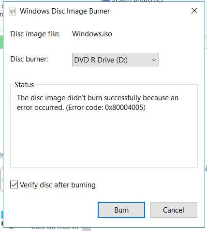 fix dvd burn image file error code 0X80004005