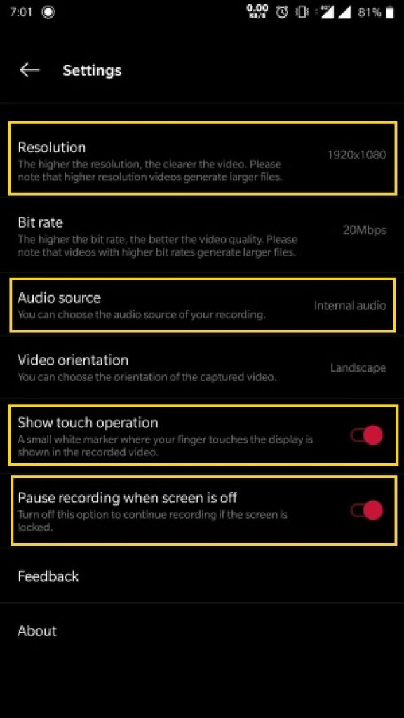 Screen Recording Settings on OnePlus 7 Pro for Audio Source Touch and Resolutions