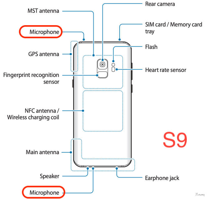 Where is microphone location on Galaxy S9 